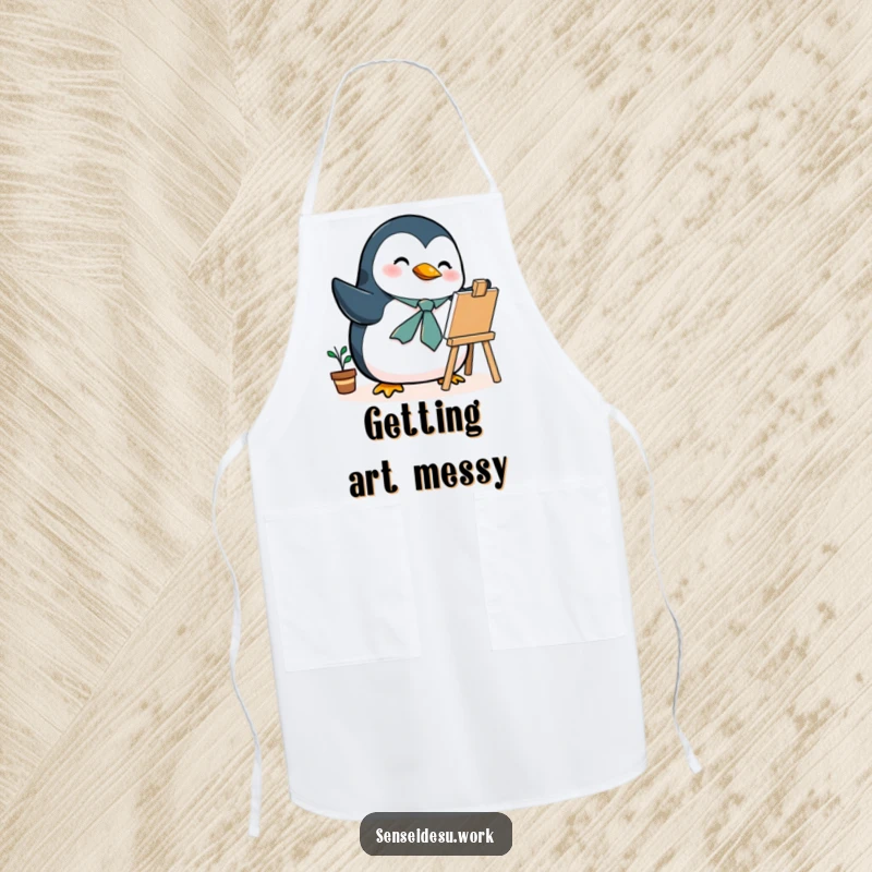 Funny penguin apron, a dapper bird in a tie, drawing on a mini easel, for a humorous cooking experience.