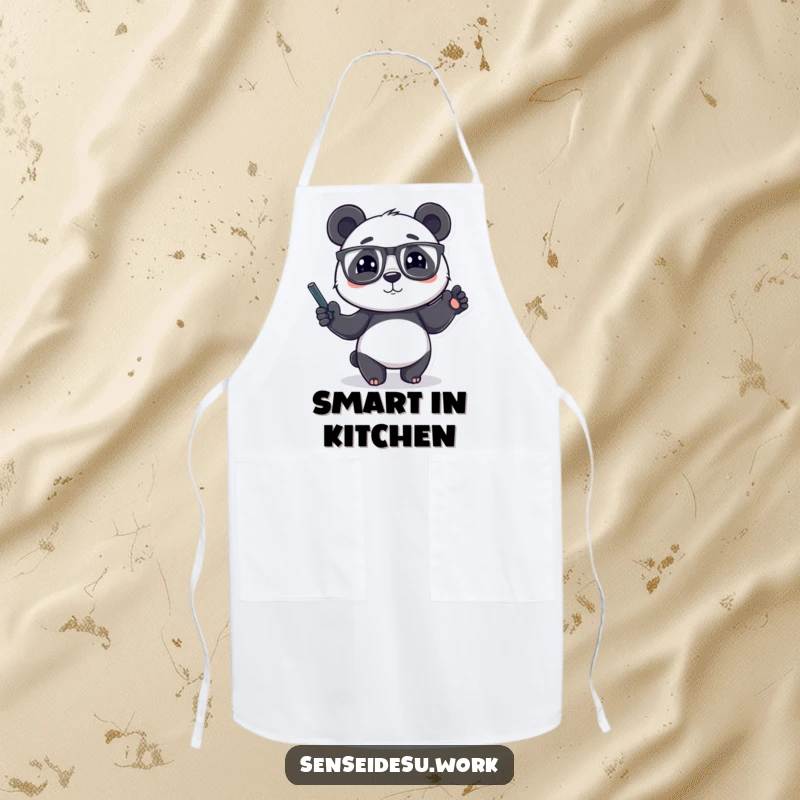 Funny panda character wearing glasses, gesturing with a chalk-filled paw, perfect for a kitchen and funny apron.