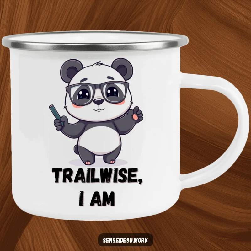 Funny panda character wearing glasses, gesturing with a chalk-filled paw, ideal for a durable and funny camping mug.