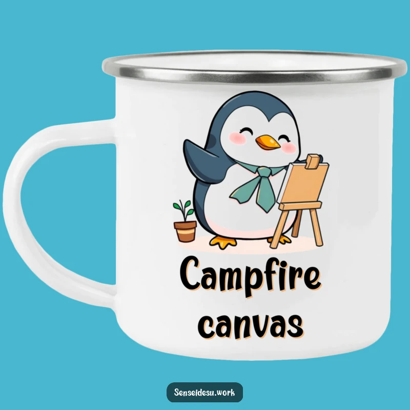 Funny Penguin Artist Camping Mug: Adventure with Dapper Bird Illustrating Humor