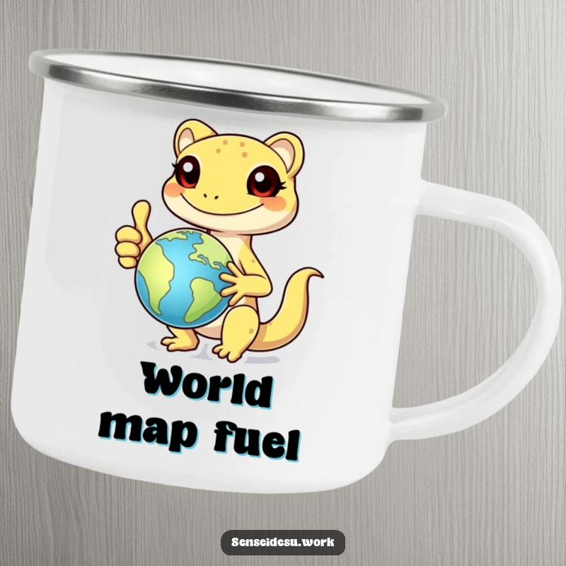 Funny cheerful gecko character giving a thumbs up while holding a globe, ideal for a durable and funny camping mug.