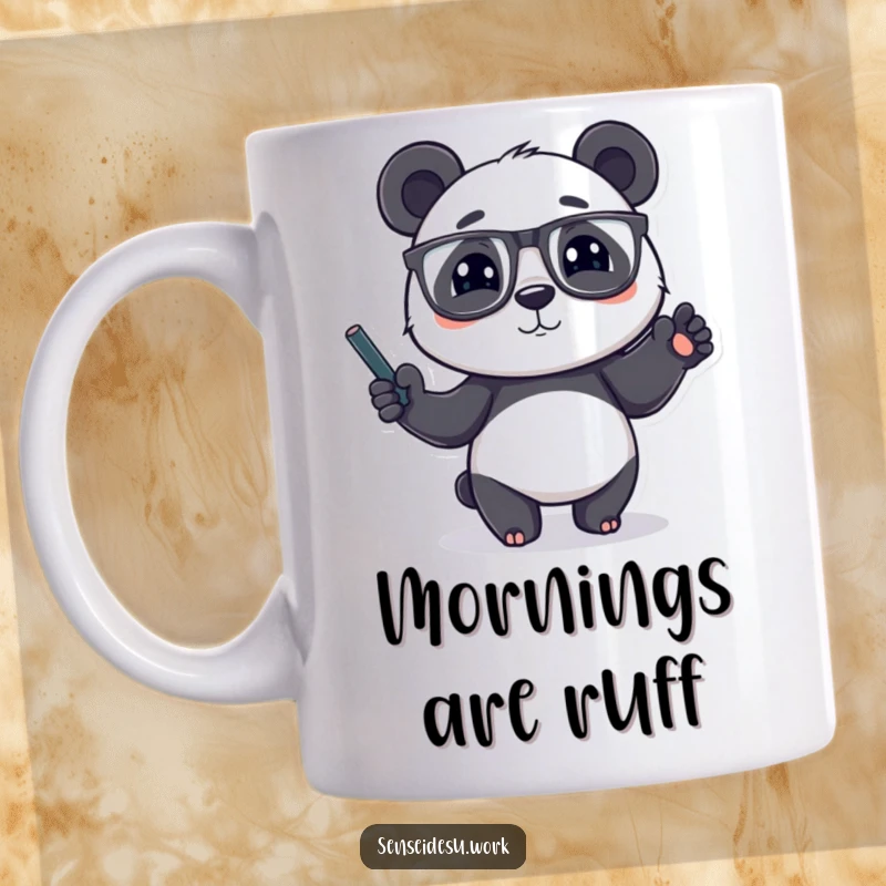 Funny panda character wearing glasses, gesturing with a chalk-filled paw, looking like a smart professor, on a mug.