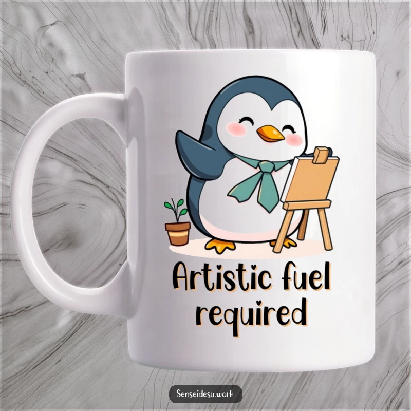 Funny penguin mug, wearing a tiny tie, enthusiastically drawing on a mini easel, showcasing artistic flair and humor.