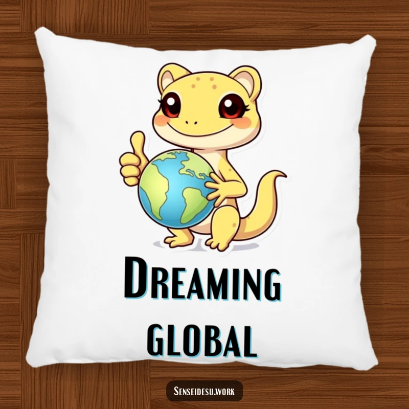 Funny cheerful gecko character giving a thumbs up while holding a globe, creating a soft and funny pillow.