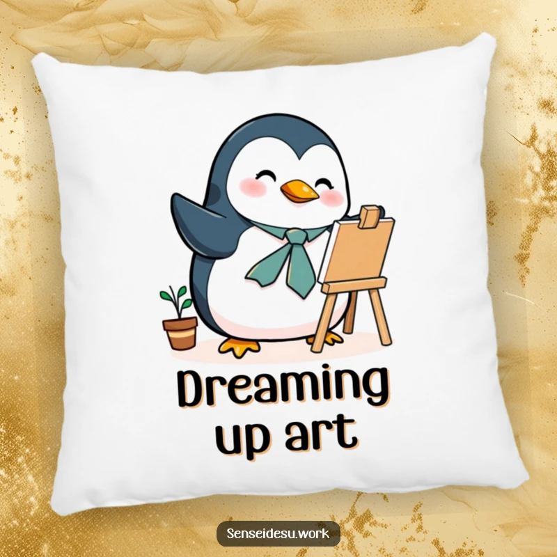 Funny penguin pillow, wearing a tie, illustrating on a mini easel, offering comfort and artistic humor.
