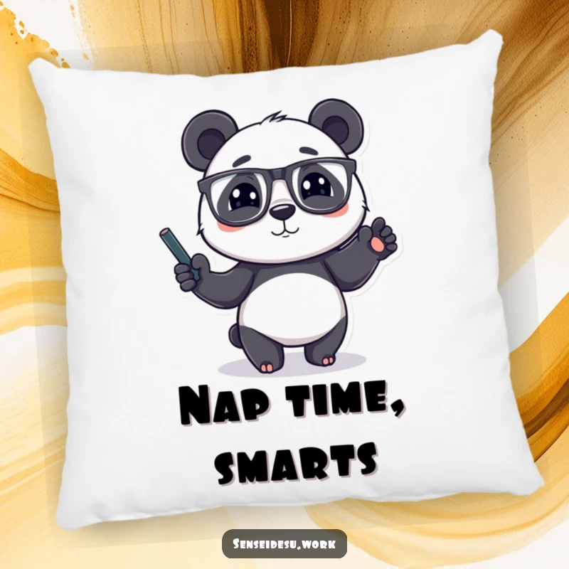 Funny panda character wearing glasses, gesturing with a chalk-filled paw, creating a soft and funny pillow.