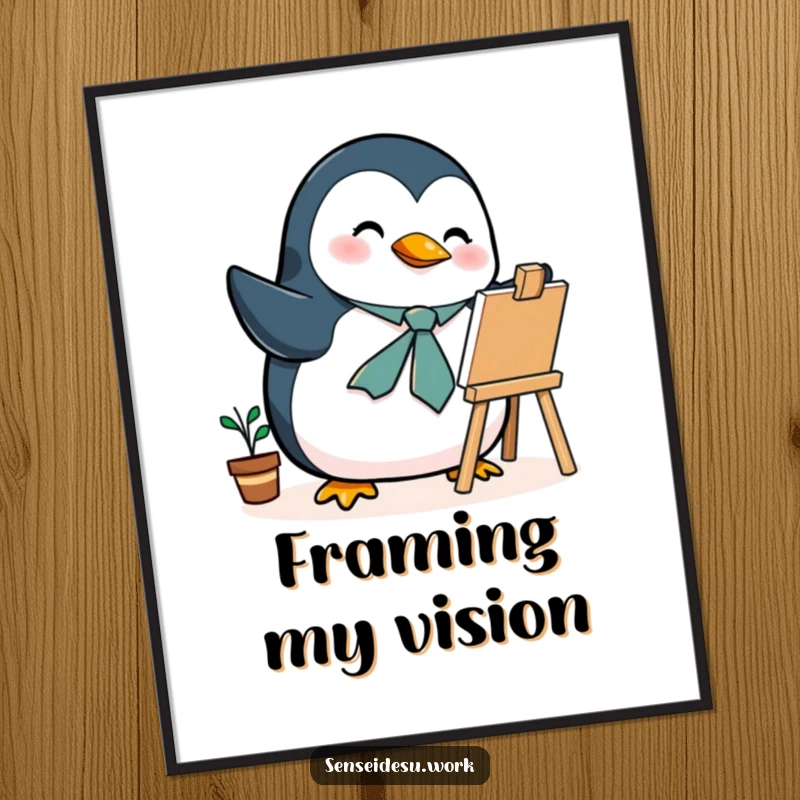 Funny penguin digital art print, a tie, enthusiastically illustrating on a mini easel, for charming artistic decor.