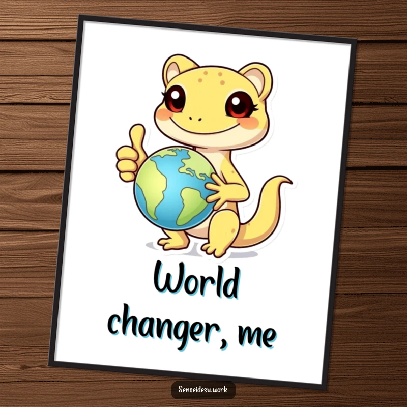 Funny cheerful gecko character giving a thumbs up while holding a globe, a charming and funny digital art print.