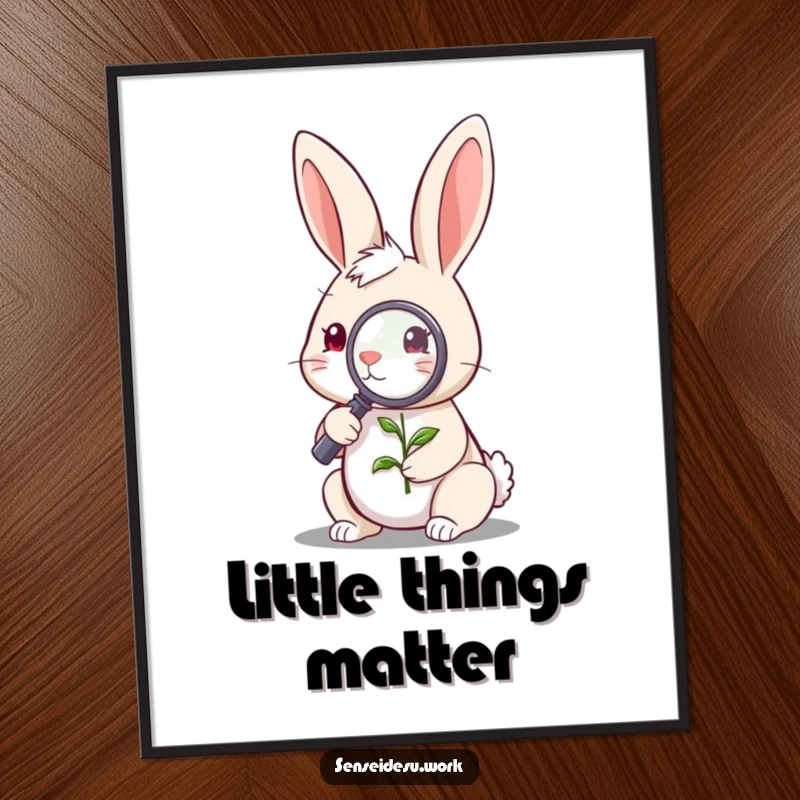 Funny quirky rabbit character examining a tiny sprout with a magnifying glass, a charming and funny digital art print.