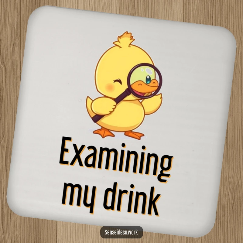 Funny duckling coaster, monocle-wearing bird, using a magnifying glass, adds droll humor to drink service.