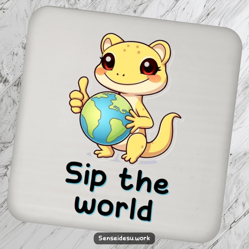 Funny cheerful gecko character giving a thumbs up while holding a globe, a delightful and funny coaster design.