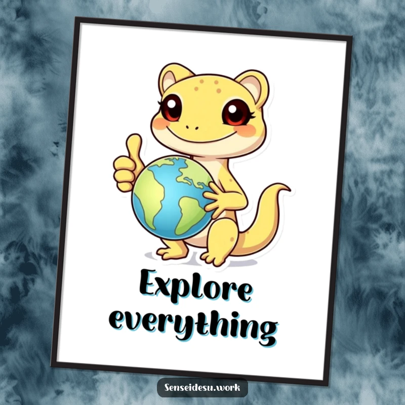 Funny cheerful gecko character giving a thumbs up while holding a globe, perfect for a vibrant and funny poster.