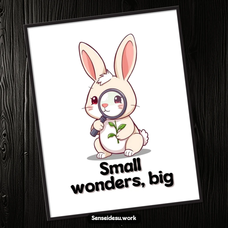 Funny quirky rabbit character examining a tiny sprout with a magnifying glass, perfect for a vibrant and funny poster.