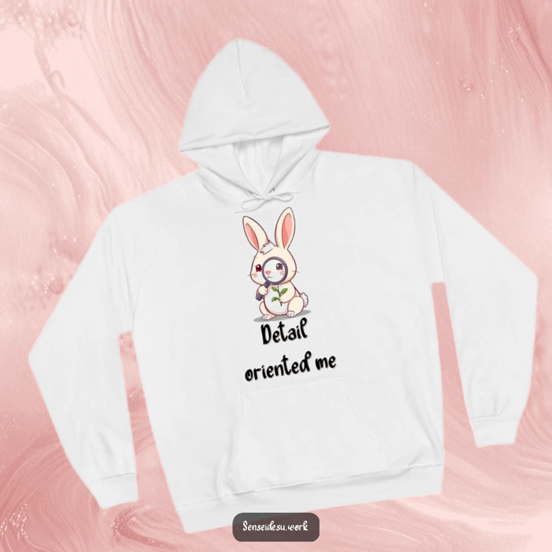 Funny quirky rabbit character examining a tiny sprout with a magnifying glass, perfect for a cozy funny hoodie.