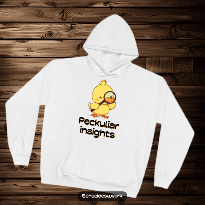 Funny duckling hoodie, monocle on, examining with a magnifying glass, perfect for cozy, witty moments.