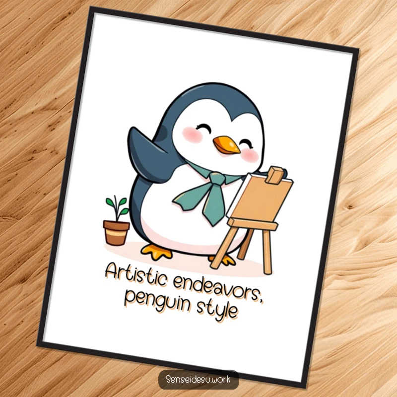 Funny Free Printable Wall Art of a plump penguin wearing a tiny tie, enthusiastically painting a masterpiece on a miniature easel.