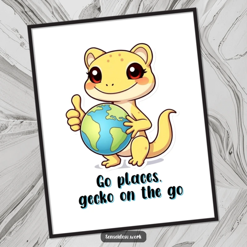 Funny Free Printable Wall Art: A cheerful gecko gives a thumbs up while holding a small globe, ready for any adventure.