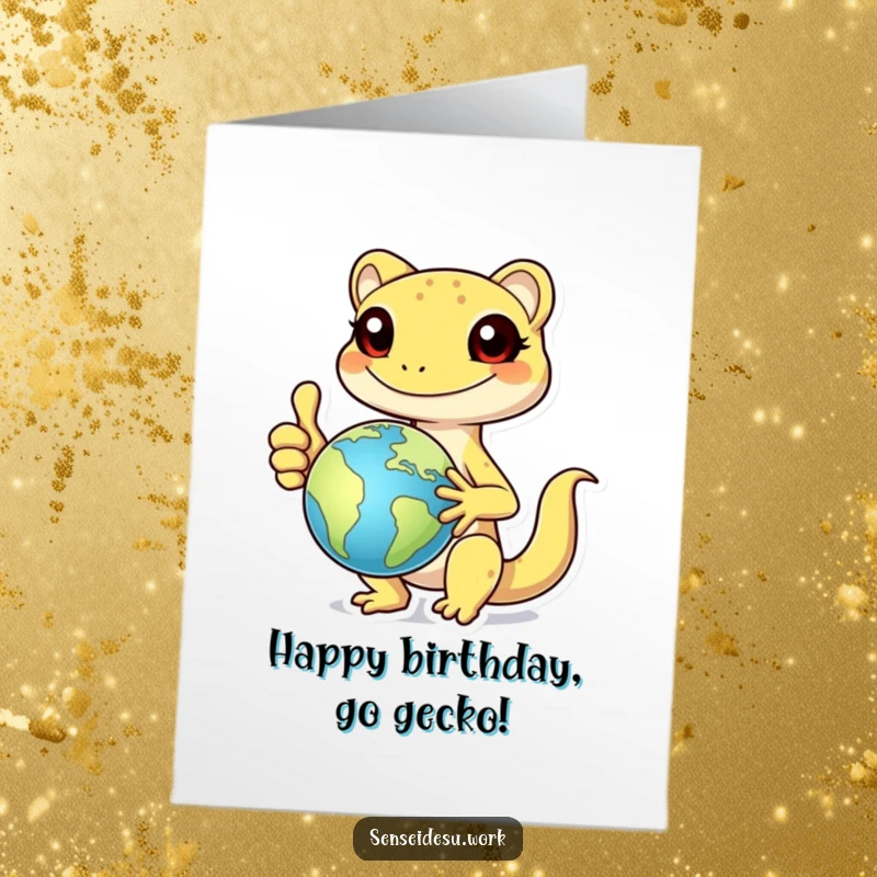 Funny Free Printable Birthday Card: A cheerful gecko gives a thumbs up while holding a globe, ready for worldly celebrations.