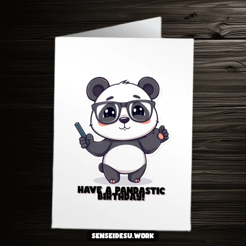 Funny Free Printable Birthday Card: A playful panda wearing glasses gestures with a chalk-covered paw, ready to teach and celebrate.