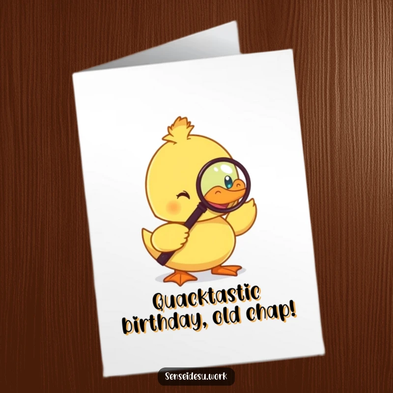Funny Free Printable Birthday Card featuring a cheerful duckling with a monocle, examining a magnifying glass with intense focus.
