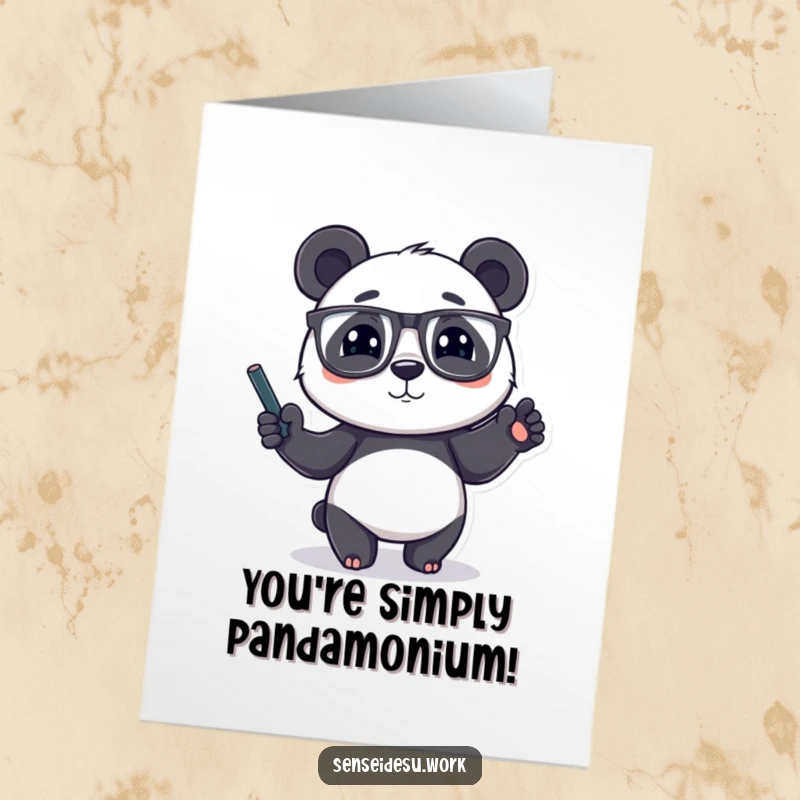 Funny Free Printable Congratulations Card: A panda with glasses gestures with a chalky paw, signifying a brilliant idea.