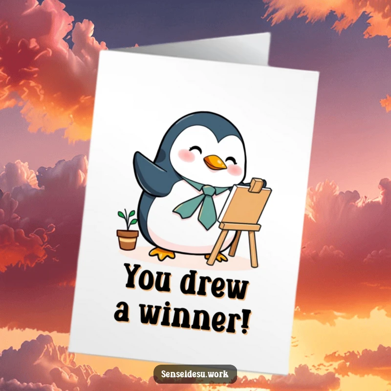 Funny Free Printable Congratulations Card featuring a penguin in a tie, enthusiastically creating art on a small easel, celebrating success.