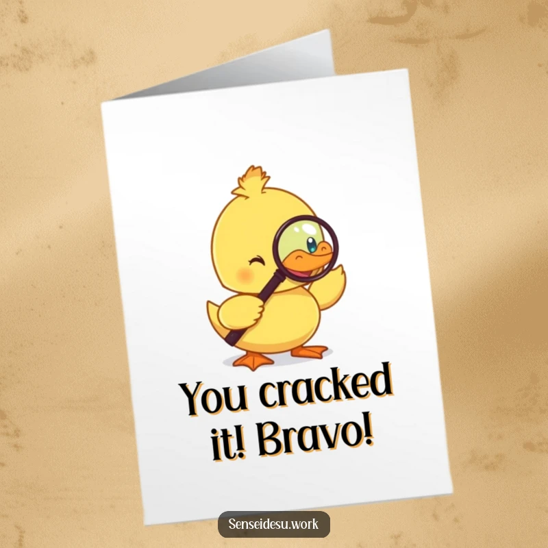 Funny Free Printable Congratulations Card showing a distinguished duckling in a monocle, looking through a magnifying glass with joy.