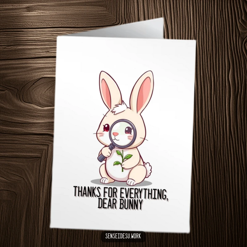 Funny Free Printable Thank You Card: A curious rabbit with a magnifying glass examines a tiny sprout, sending thanks.