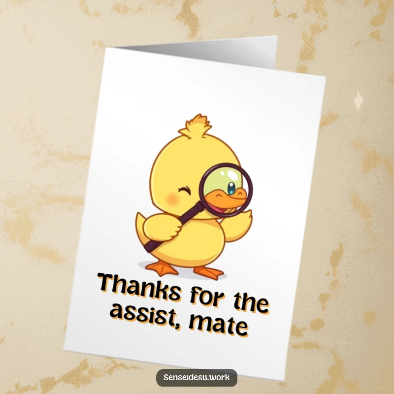 Funny Free Printable Thank You Card depicting a dapper duckling with a monocle, inspecting a magnifying glass with a thankful expression.