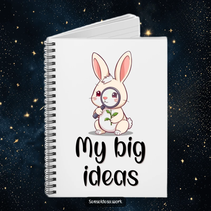 Funny quirky rabbit character examining a tiny sprout with a magnifying glass, perfect for writing notes in a funny notebook.