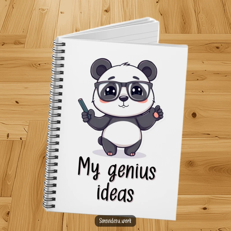 Funny panda character wearing glasses, gesturing with a chalk-filled paw, perfect for writing notes in a funny notebook.