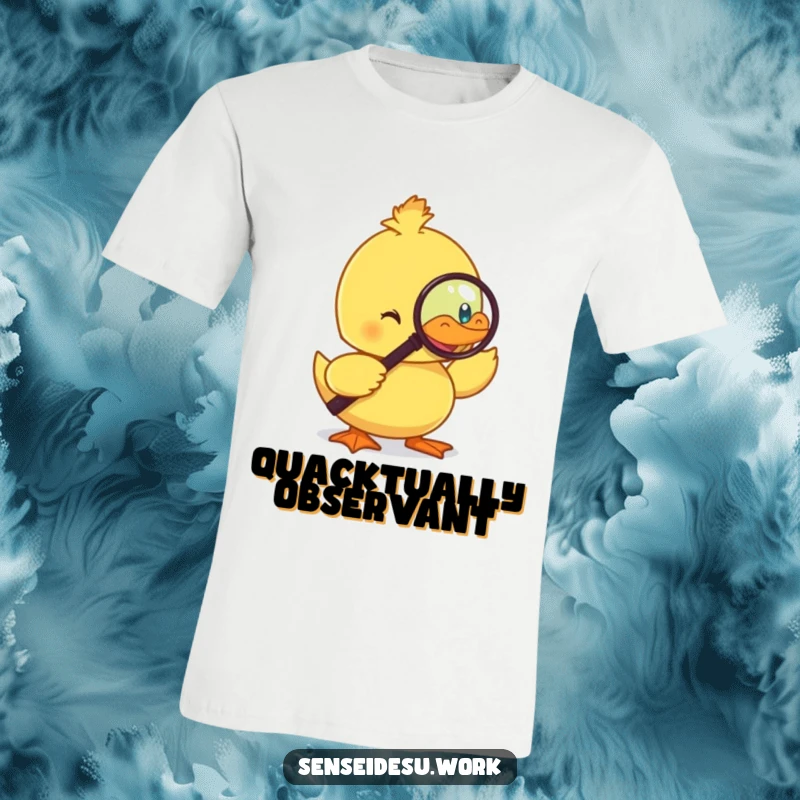 Funny duckling t-shirt, wearing a monocle and holding a magnifying glass, illustrating smartness and droll humor.