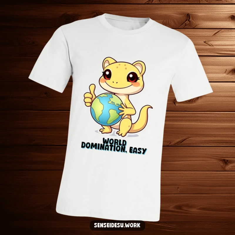 Funny cheerful gecko character giving a thumbs up while holding a globe, ready for adventure, on a funny t-shirt.