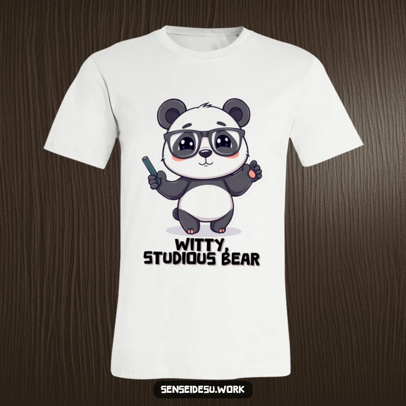 Funny playful panda character wearing glasses, gesturing with a chalk-filled paw, a smart and funny t-shirt.