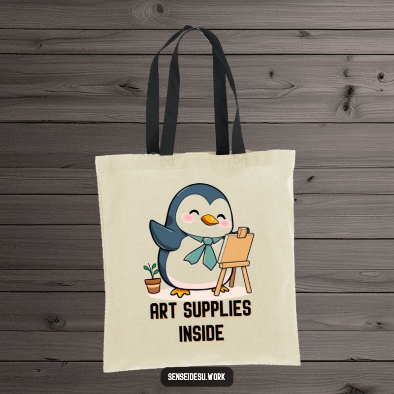 Funny penguin tote bag, wearing a tie, illustrating on a mini easel, a charming and humorous carry-all.