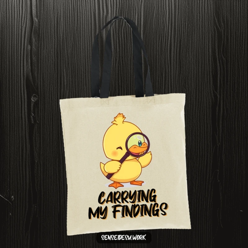 Funny duckling tote bag, monocle on, holding a magnifying glass, showcasing a smart and humorous carry-all.