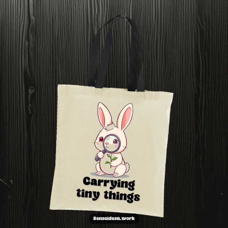 Funny quirky rabbit character examining a tiny sprout with a magnifying glass, ideal for a practical and funny tote bag.